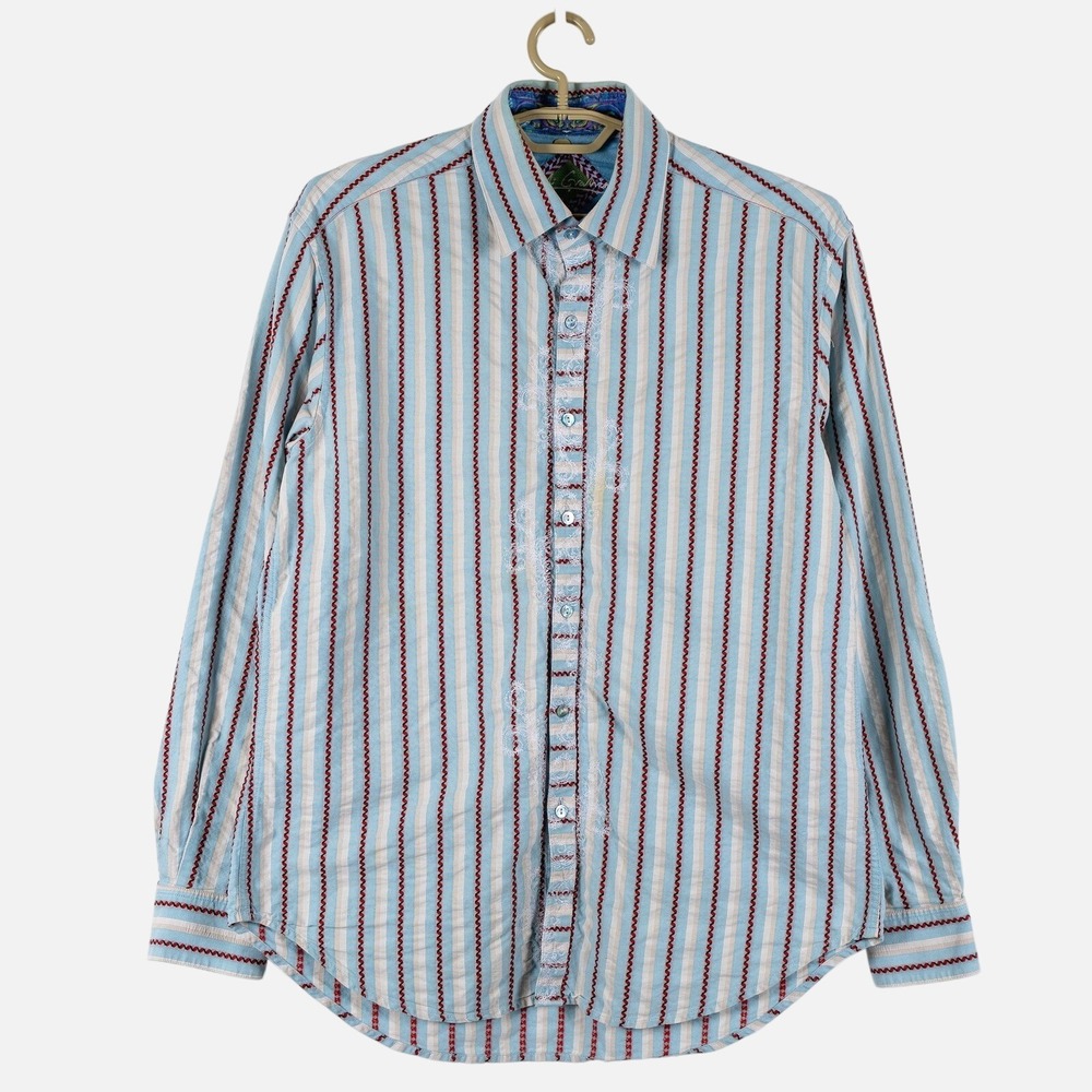 Robert Graham Button Up Dress Shirt Blue Striped Mens L Embroidered